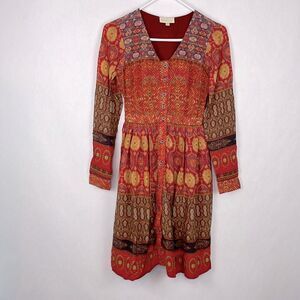 ModCloth Long Sleeve Orange, Red & Yellow Batik Print MIDI Shirt Dress. Size XXS